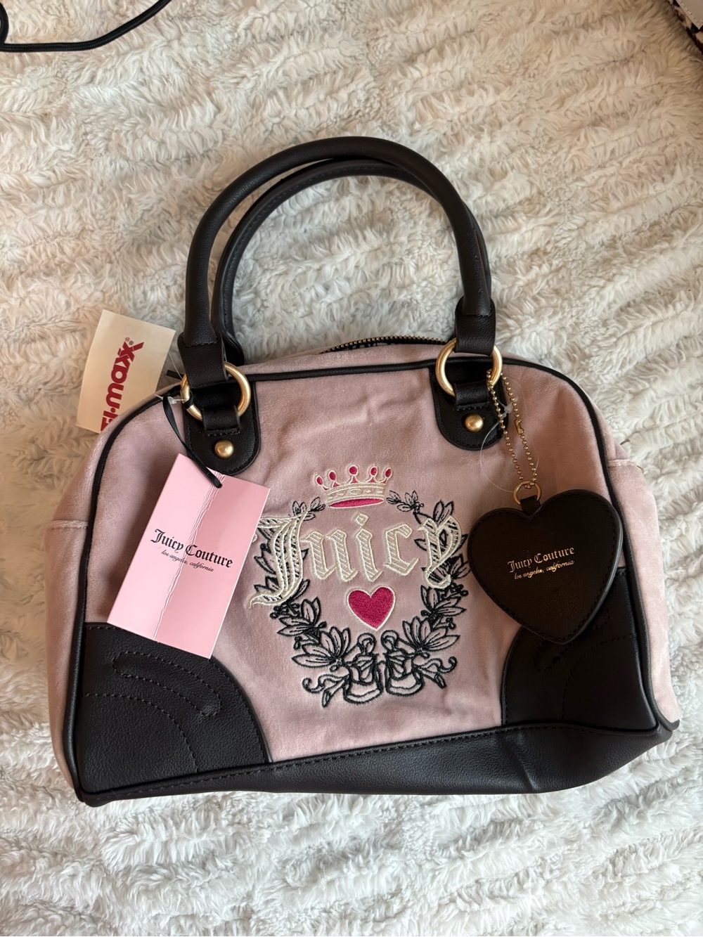 Juicy Couture Pink and Black Embroidered Crest Satchel